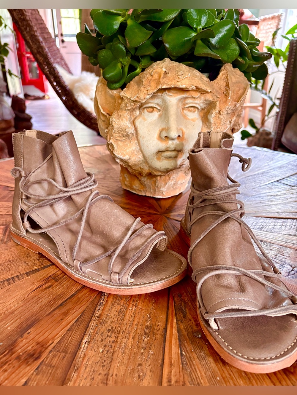 Free People X Baske  Leather Lace-Up Gladiator Sandals  taupe 9 NWOB
